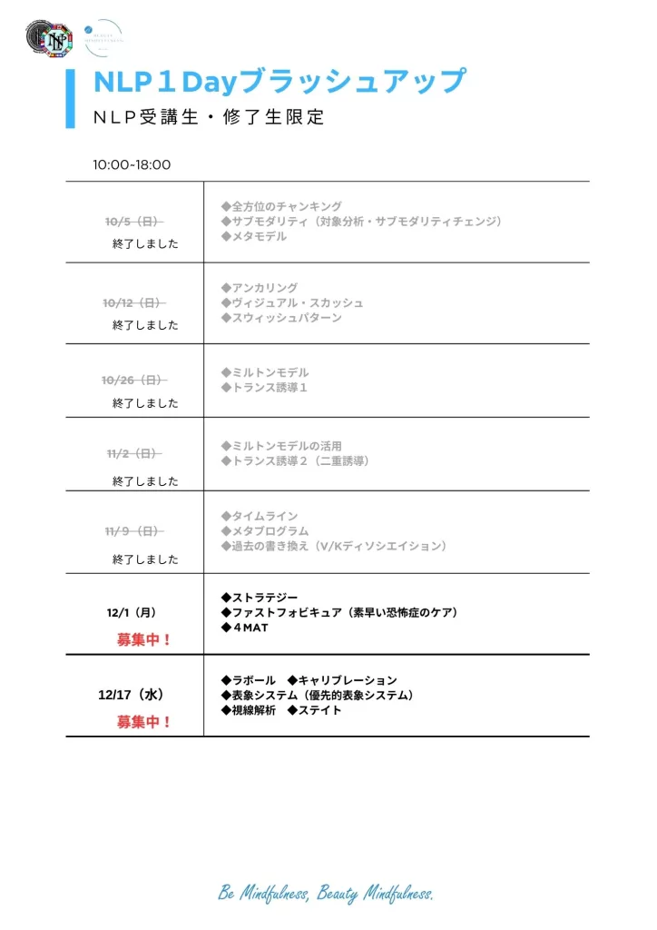 米国NLP協会認定|NLPプラクティショナーコース|資格認定講座|NLPトレーナー|NLPコーチングトレーナー|ヒプノティスト|HIRO|アルケミストレシピ|錬金術師のレシピ|NLP|ビューティーマインドフルネス|恵比寿|目黒|新宿|横浜